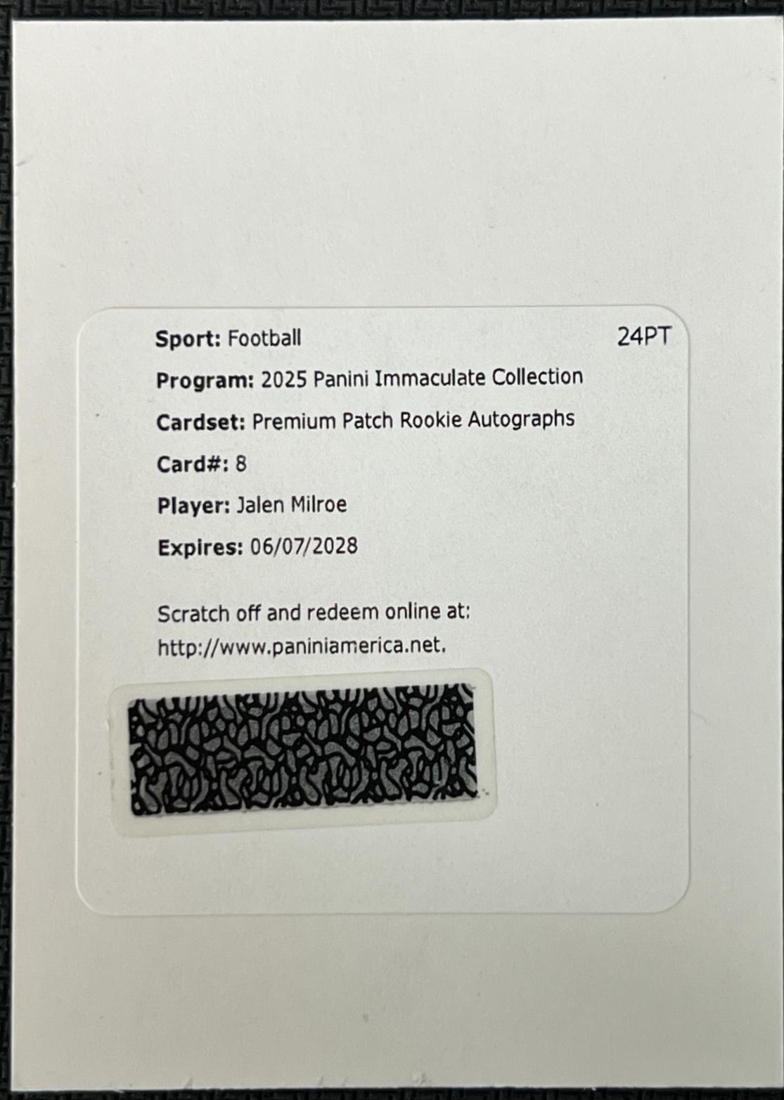 Jalen Milroe #8 2025 Panini Immaculate Football Premium Patch Rookie Autographs