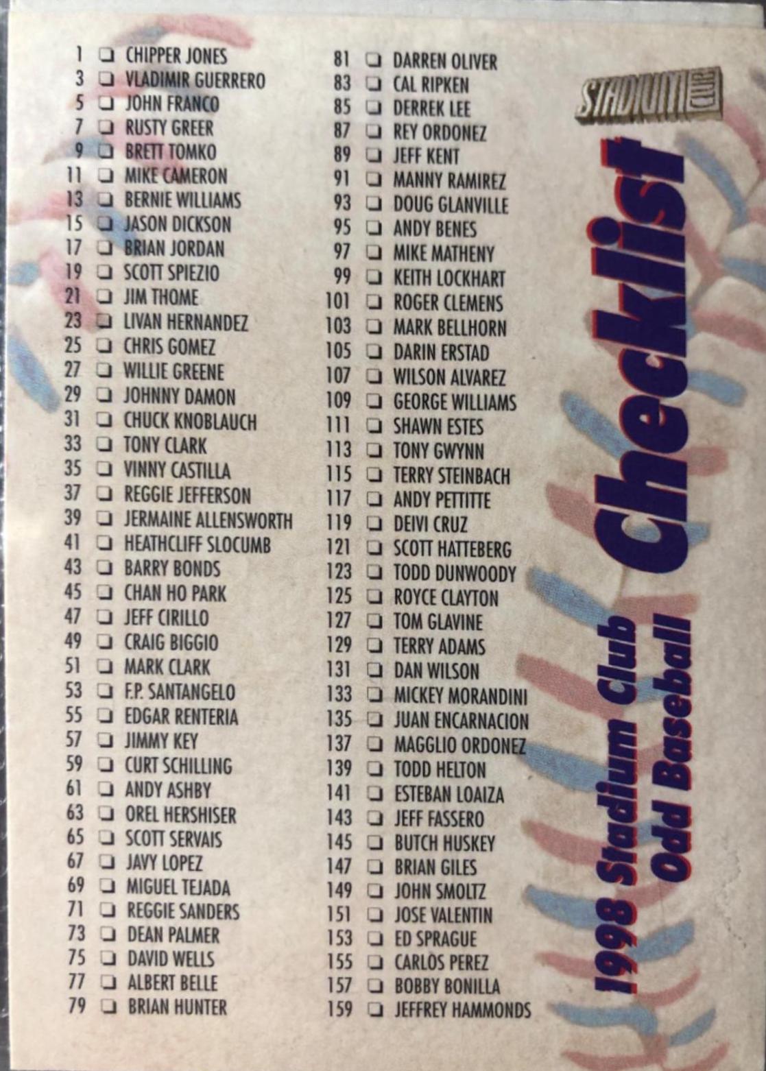Odd Baseball Checklist #1 of 2 Baseball Cards 1998 Stadium Club