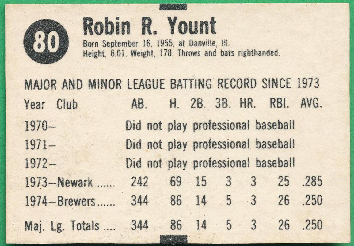 Robin Yount #80 1975 Hostess Twinkies Baseball