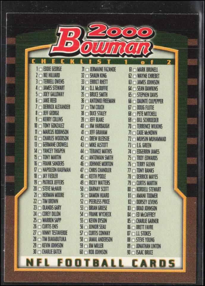 Checklist: 1 Of 2 Football Cards 2000 Bowman