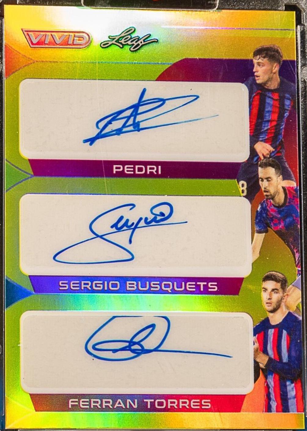 Pedri , Sergio Busquets , Ferran Torres #TA-3 Soccer Cards 2022 Leaf Vivid Triple Autographs
