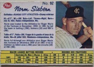 Norm Siebern #92 1962 Post Canadian Baseball
