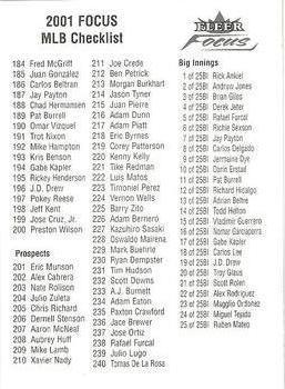 Checklist: 184-240 And Inserts Baseball Cards 2001 Fleer Focus