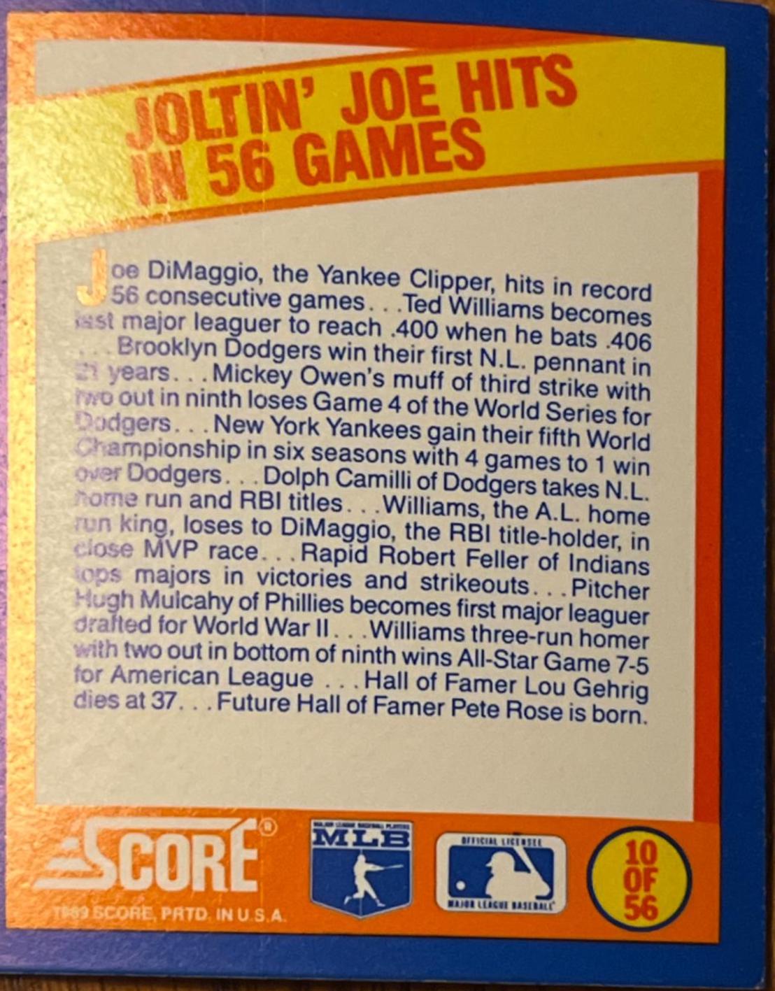 Joltin’ Joe Hits In 56 Games #10 Baseball Cards 1989 Score Magic Motion Trivia A Year to Remember