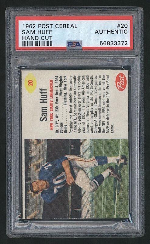Sam Huff #20 Football Cards 1962 Post Cereal