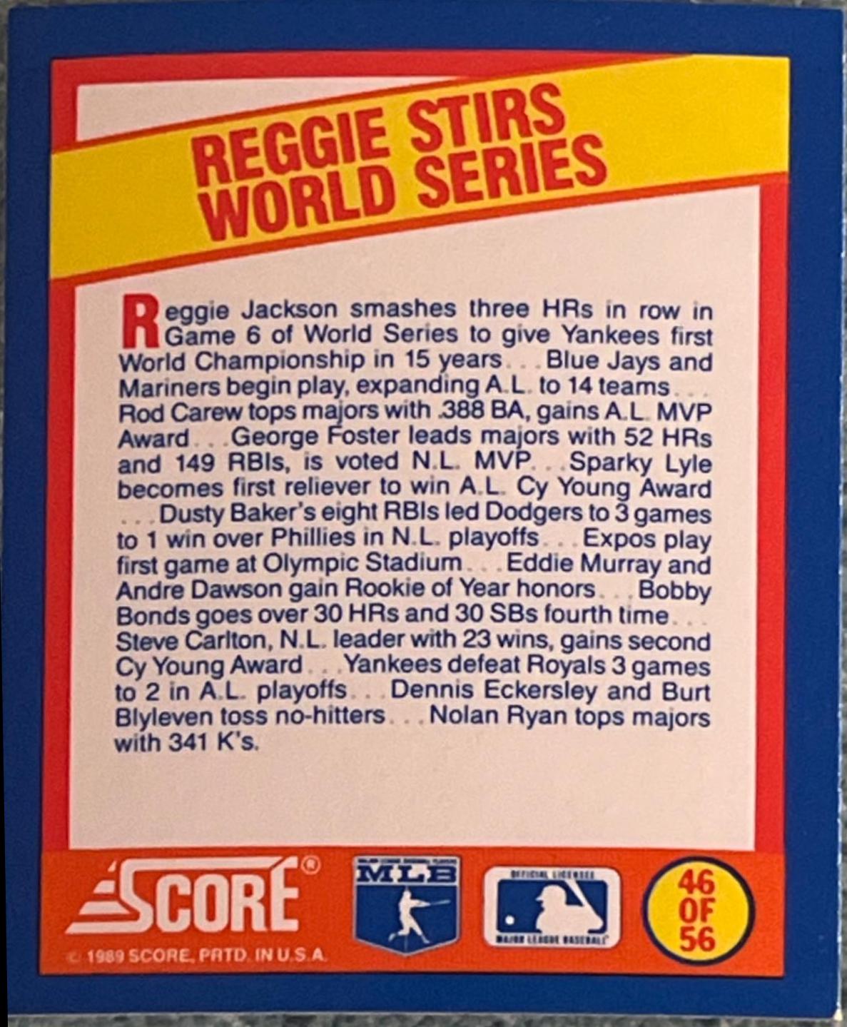 Reggie Stirs World Series #46 Baseball Cards 1989 Score Magic Motion Trivia A Year to Remember