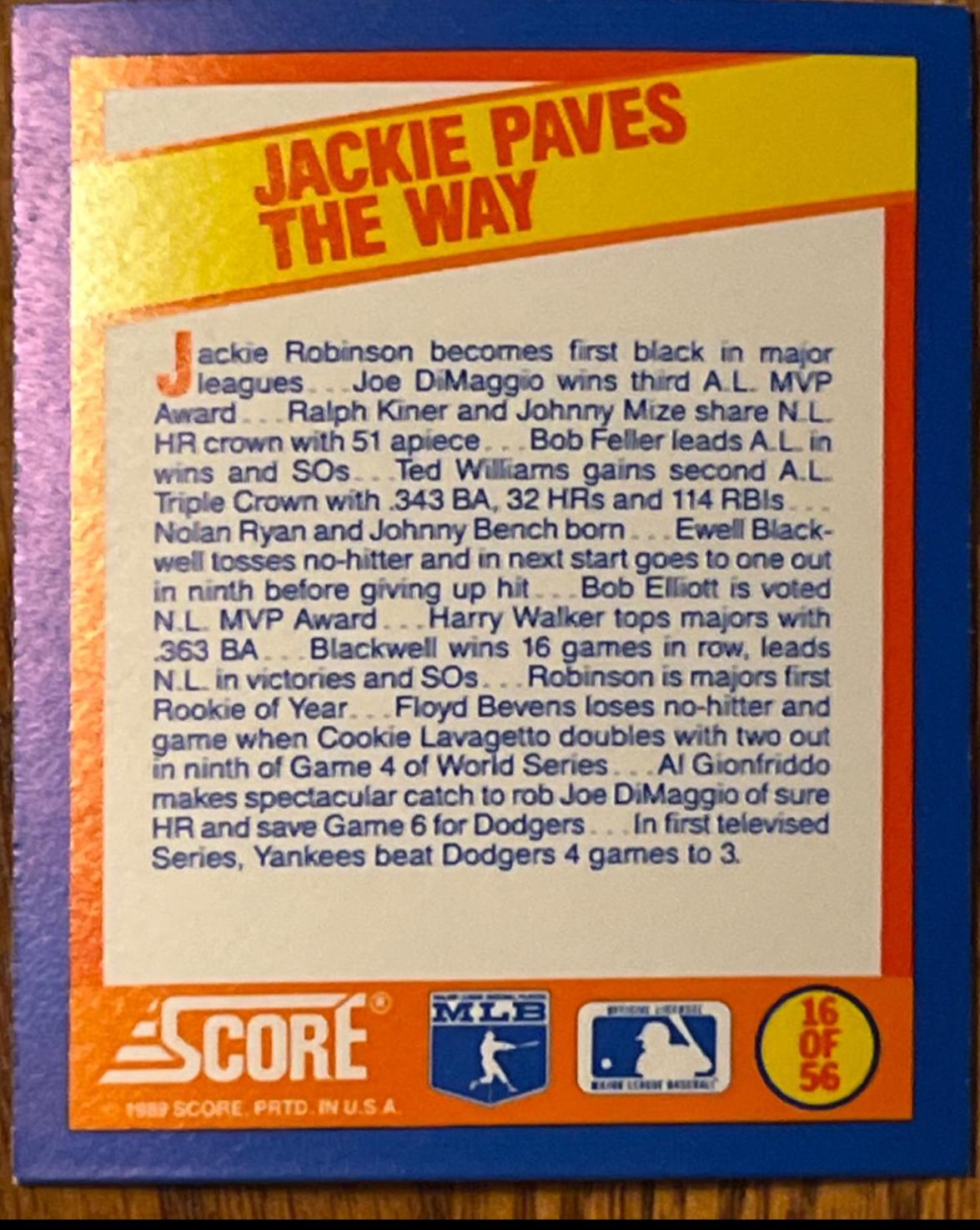 Jackie Paves The Way #16 Baseball Cards 1989 Score Magic Motion Trivia A Year to Remember