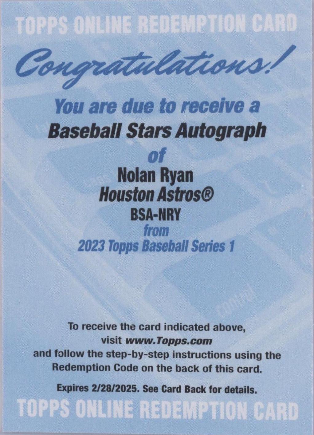Nolan Ryan #BSA-NRY 2023 Topps Baseball Stars Autographs (Series 1)