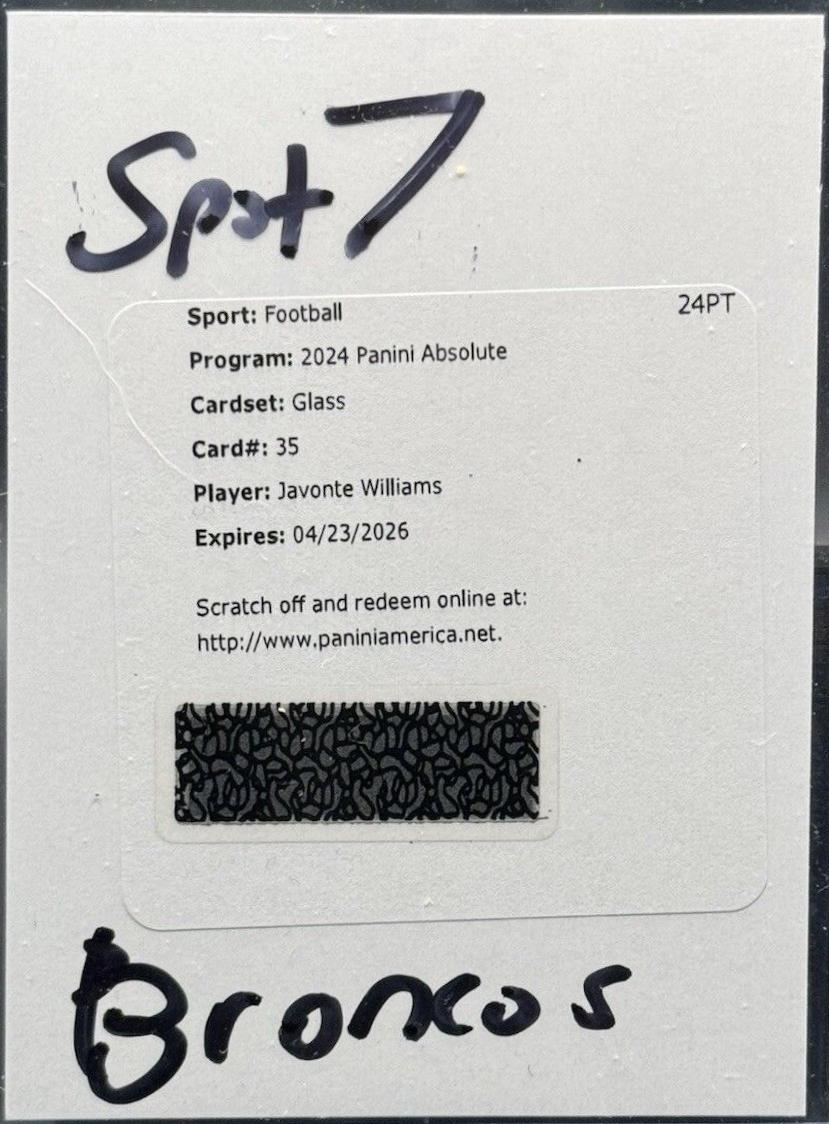 Javonte Williams #G-JW Football Cards 2024 Panini Absolute Glass