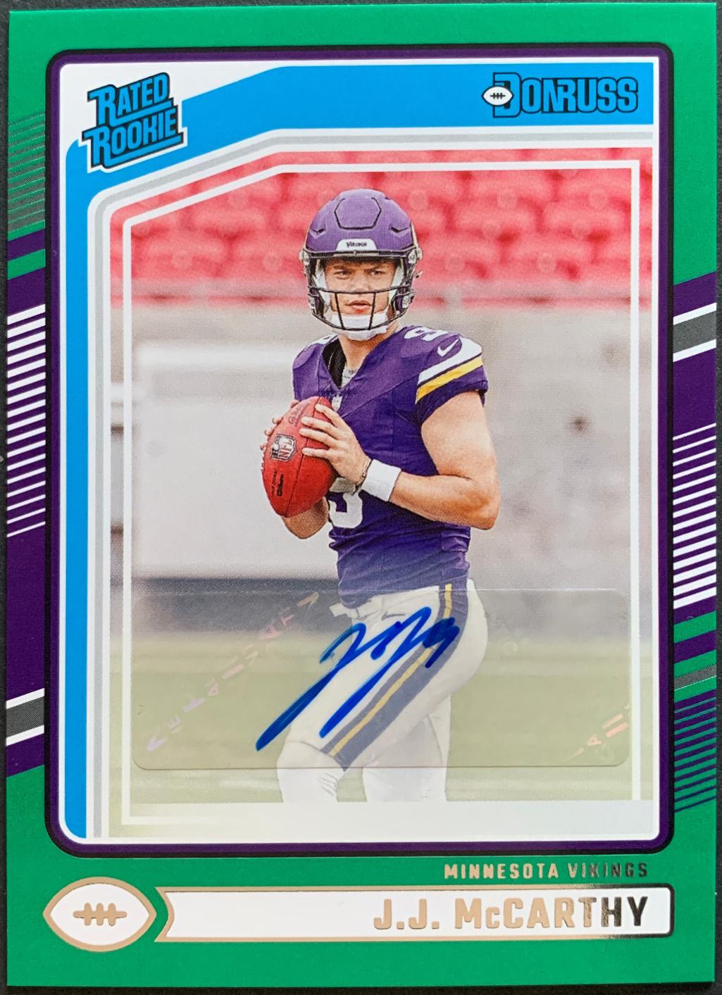 J.J. McCarthy #303 Football Cards 2024 Panini Donruss Rated Rookies Autograph