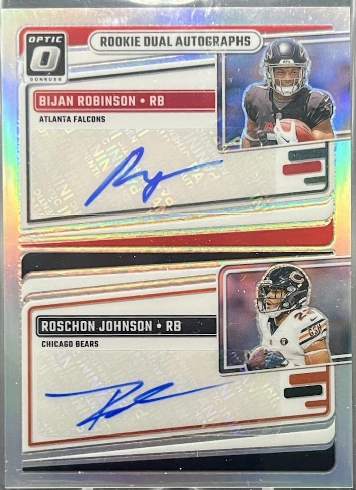 Bijan Robinson / Roschon Johnson #4 Football Cards 2023 Panini Donruss Optic Rookie Dual Autograph