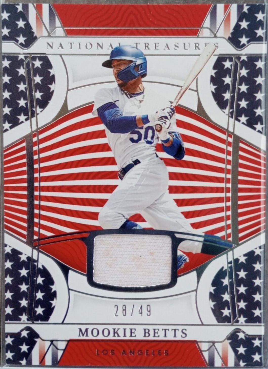 Mookie Betts #RWB-MO Baseball Cards 2022 Panini National Treasures Red White Blue Materials