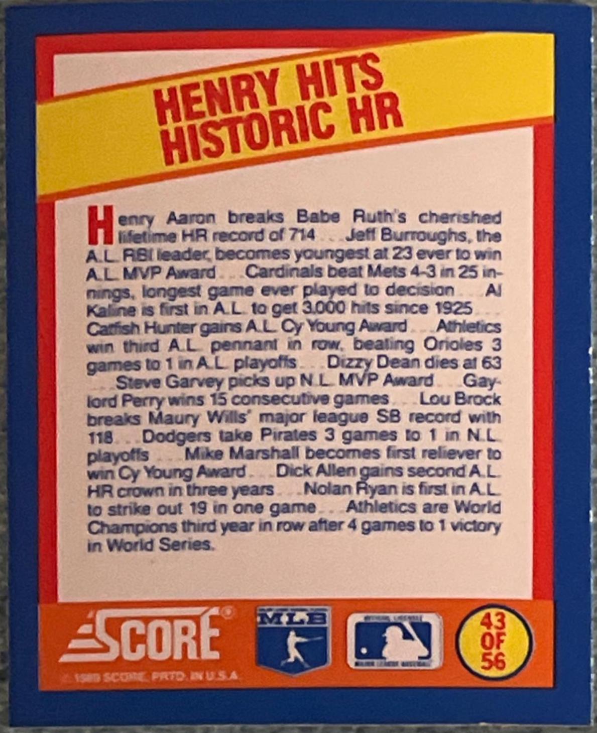 Henry Hits Historic HR #43 Baseball Cards 1989 Score Magic Motion Trivia A Year to Remember