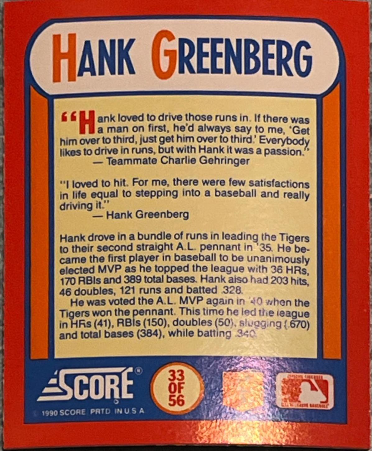 Hank Greenberg #33 Baseball Cards 1990 Score the MVP's