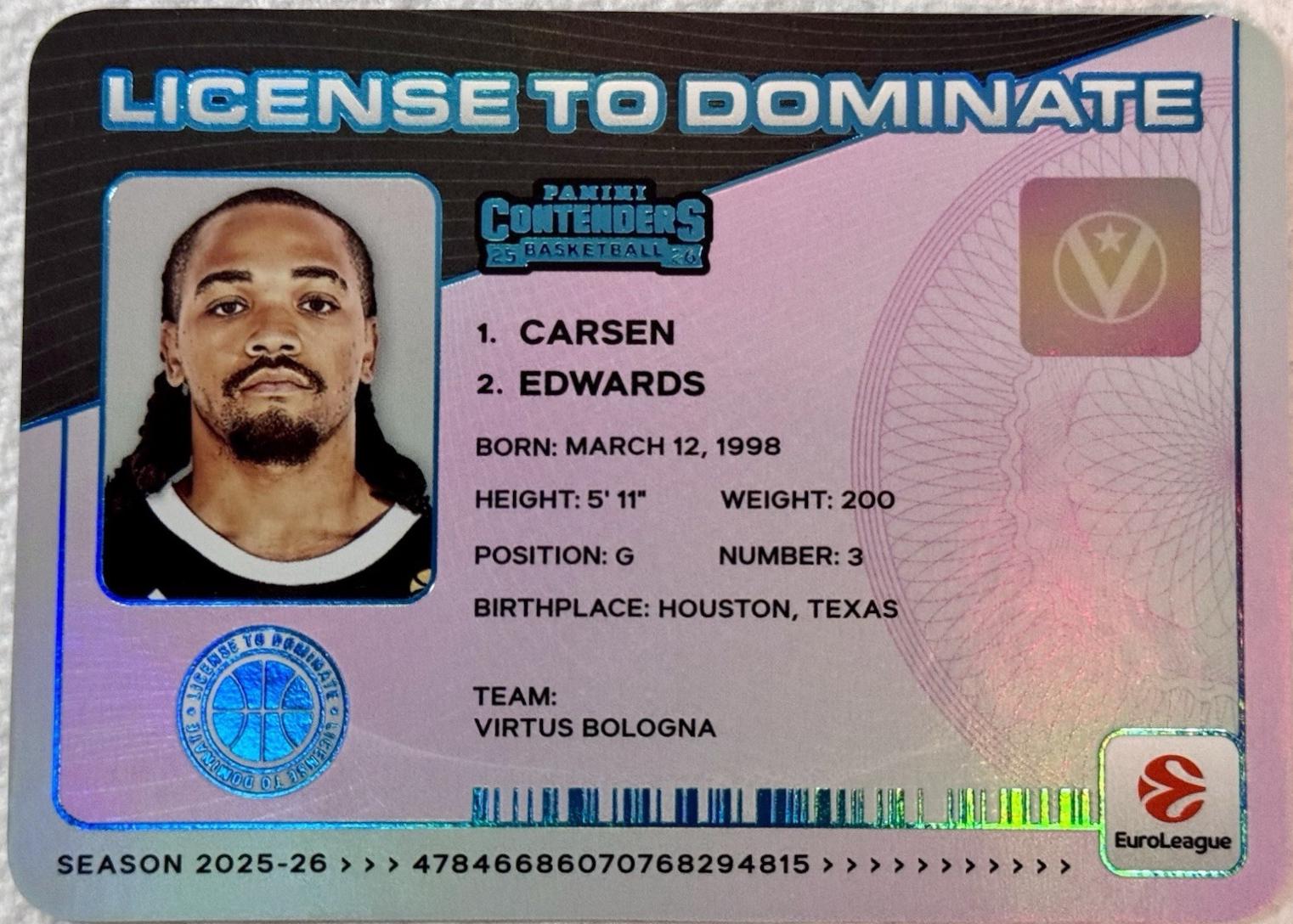 Carsen Edwards #38 2025 Panini Contenders Euroleague License To Dominate Basketball