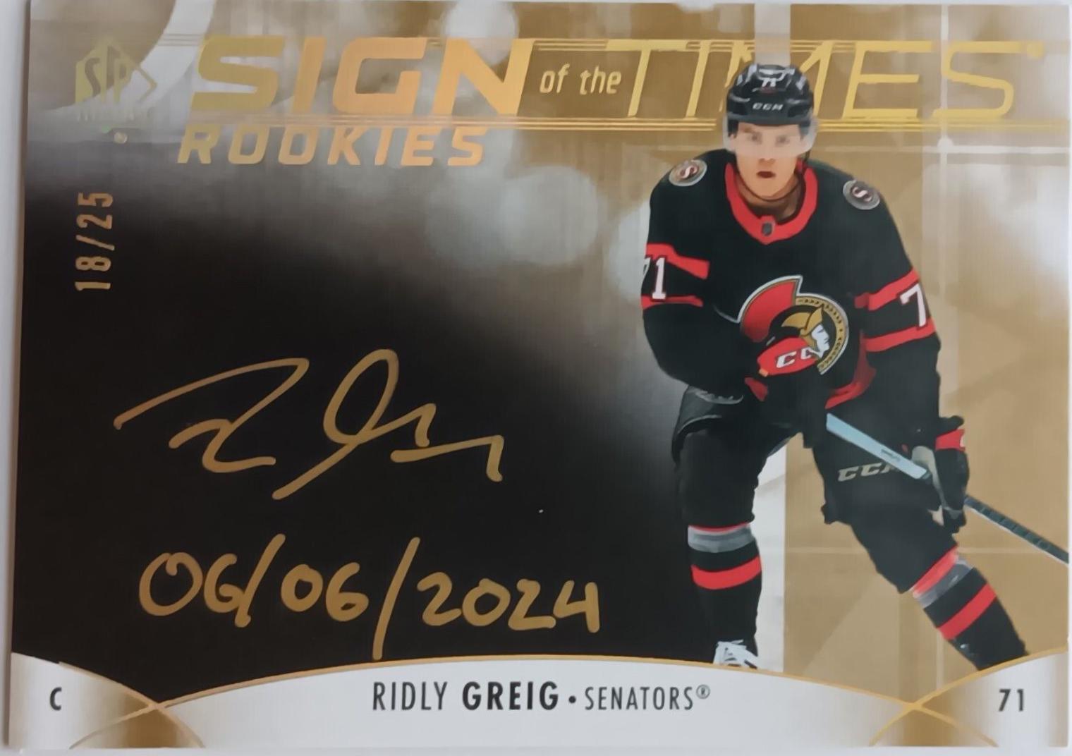 Ridly Greig #SOTTR-RG Hockey Cards 2023 SP Authentic Sign of the Times Rookie