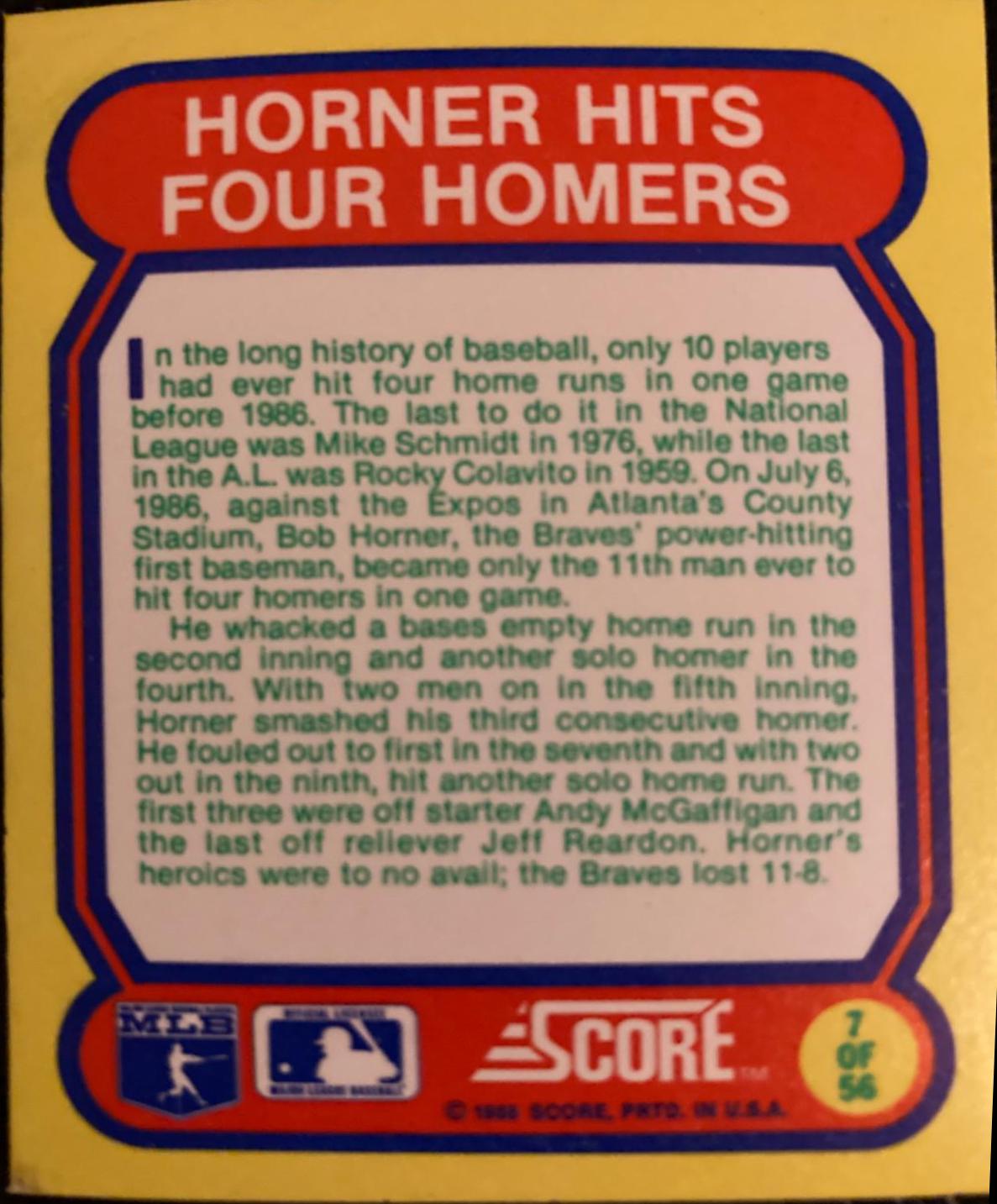 Horner Hits Four Homers #7 Baseball Cards 1988 Score Magic Motion Great Moments in Baseball