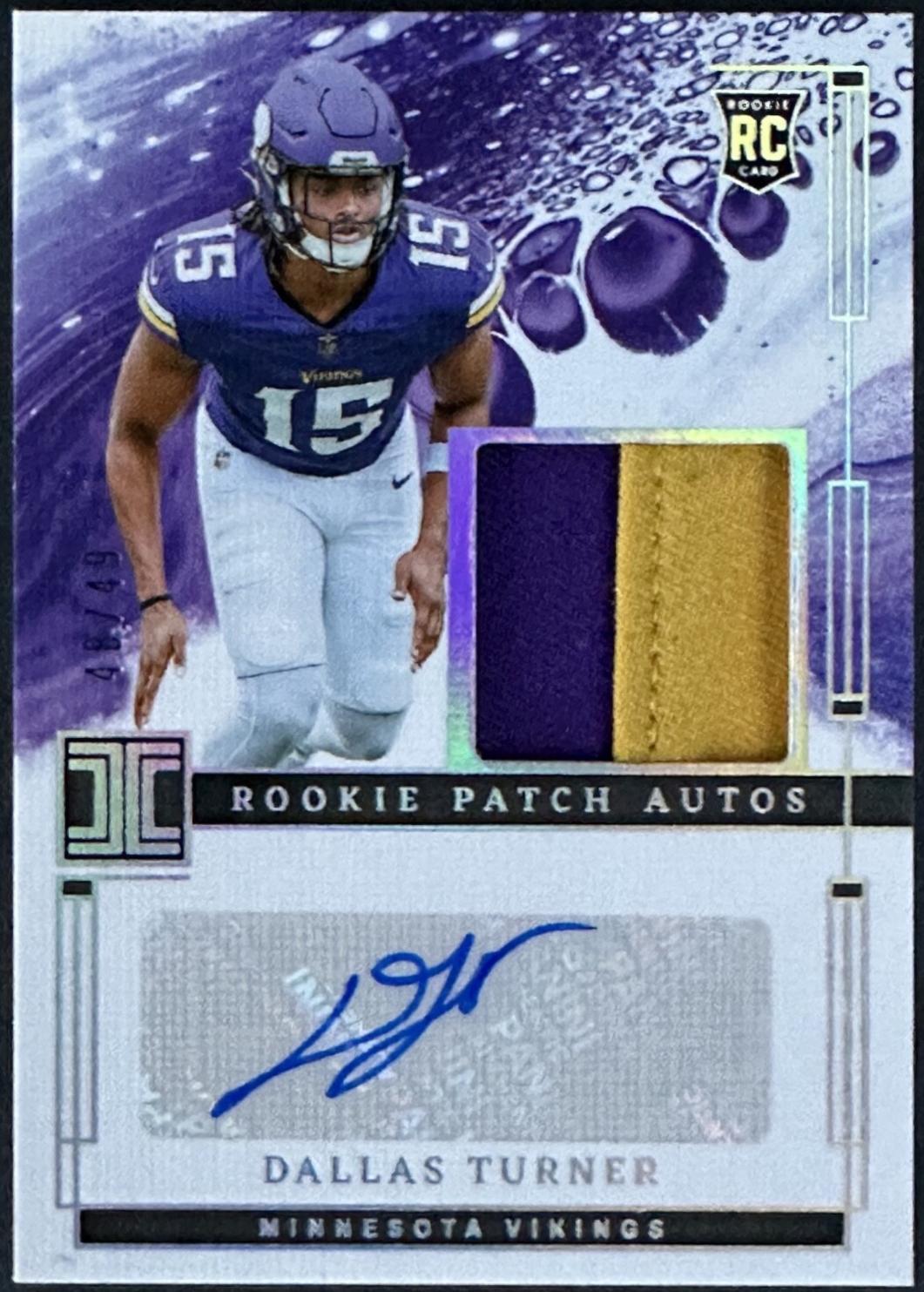 Dallas Turner #15 Football Cards 2024 Panini Impeccable Rookie Patch Autograph