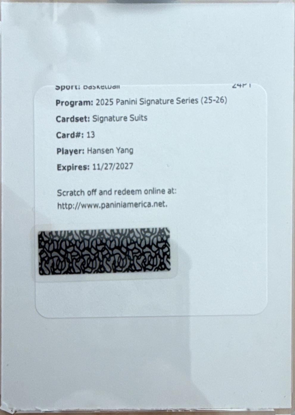 Hansen Yang #13 2025-26 Panini Signature Series Basketball Signature Suits