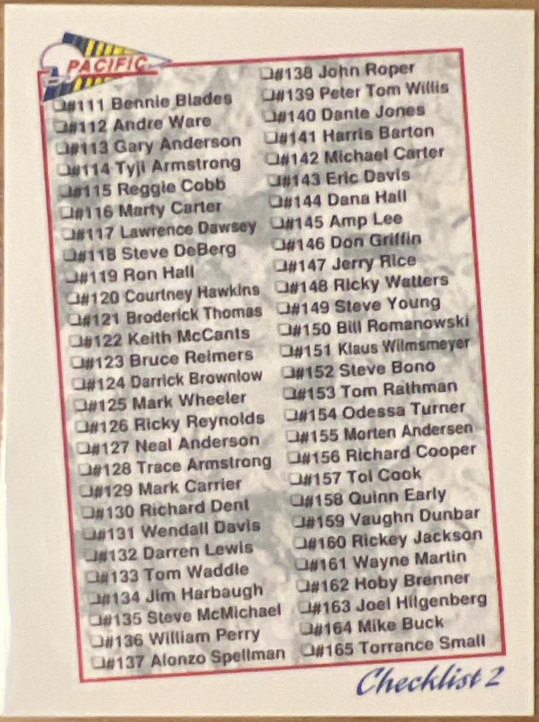 Checklist 2 Football Cards 1992 Pacific