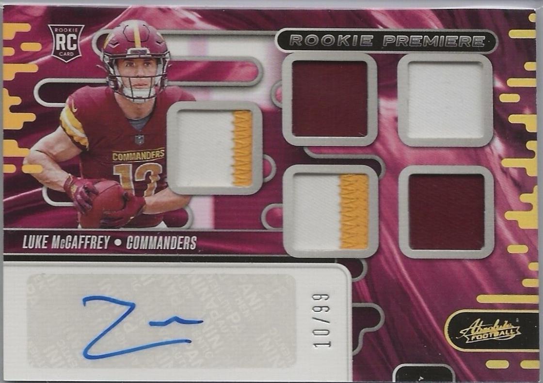 Luke McCaffrey #RPMA-LMY Football Cards 2024 Panini Absolute Rookie Premiere Quad Materials Auto