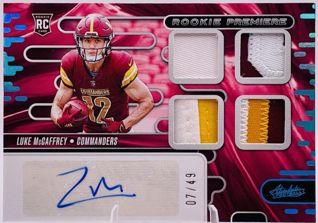 Luke McCaffrey #RPMA-LMY 2024 Panini Absolute Rookie Premiere Materials Auto Football