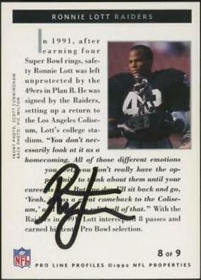 Ronnie Lott #8 Football Cards 1992 Pro Line Profiles Autographs