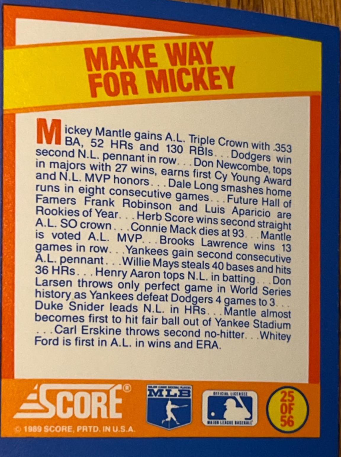 Make Way For Mickey #25 Baseball Cards 1989 Score Magic Motion Trivia A Year to Remember