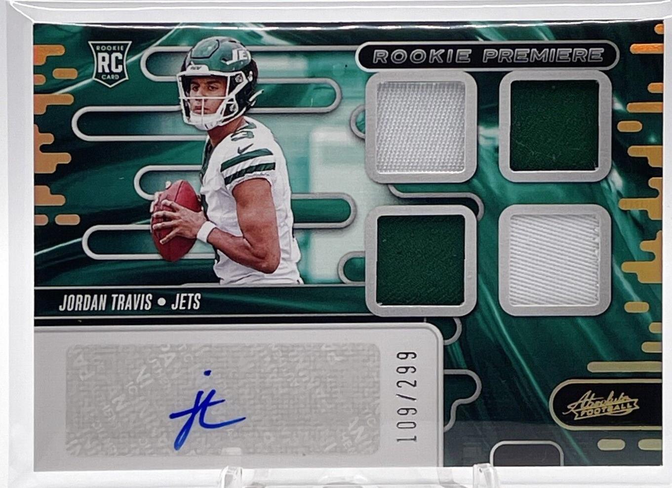 Jordan Travis #RPMA-JTS Football Cards 2024 Panini Absolute Rookie Premiere Quad Materials Auto