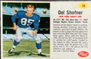 Del Shofner #28 Football Cards 1962 Post Cereal
