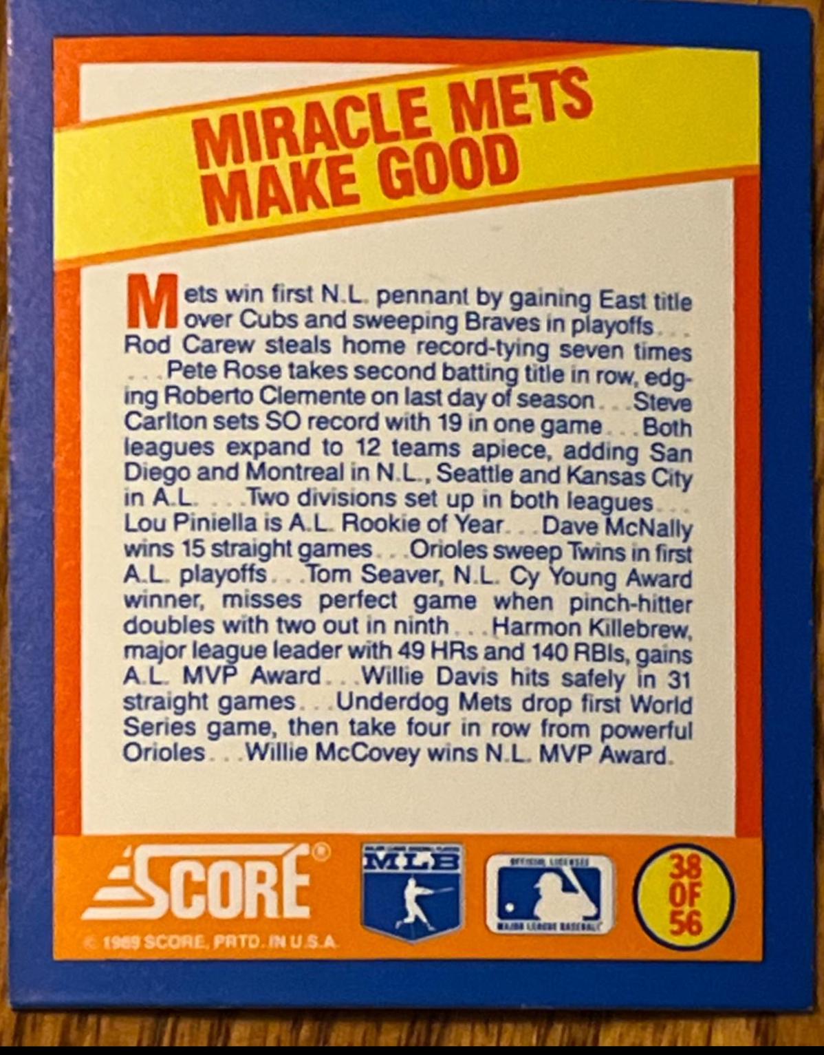 Miracle Mets Make Good #38 Baseball Cards 1989 Score Magic Motion Trivia A Year to Remember