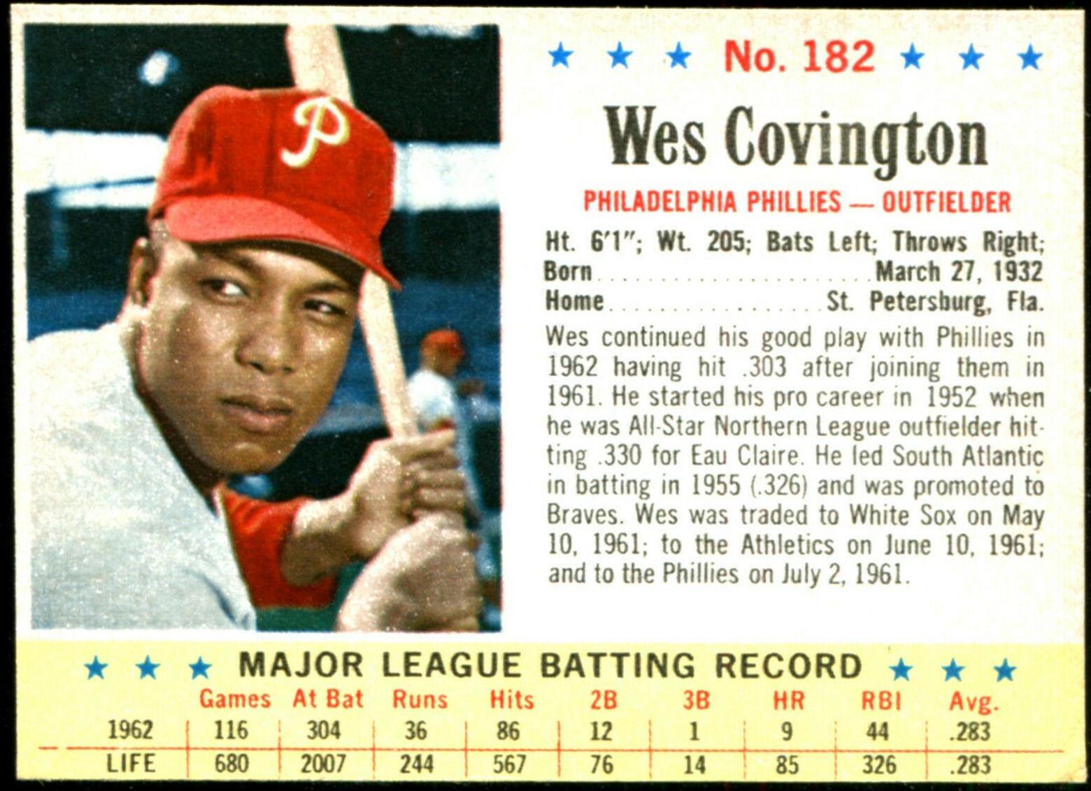 Wes Covington #182 1963 Post Cereal Baseball