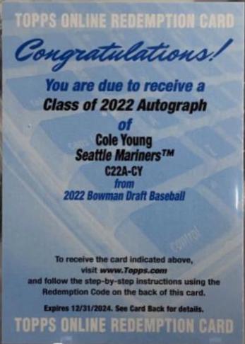 Cole Young #CDA-CY Baseball Cards 2022 Bowman Draft Chrome Autographs