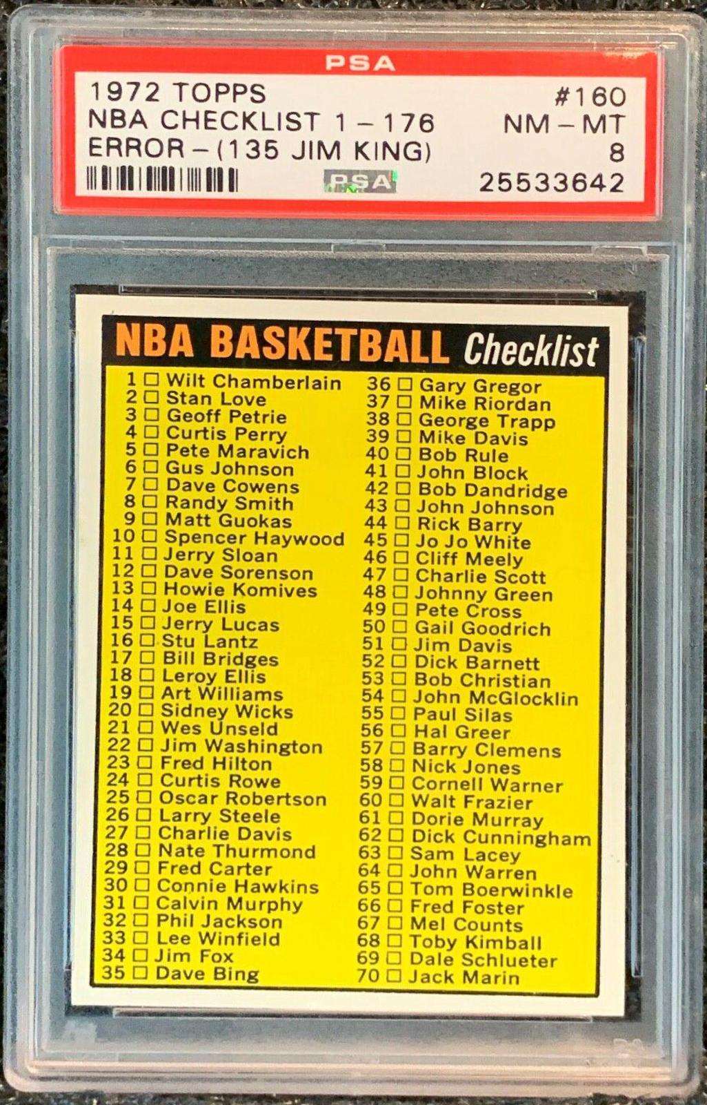 NBA Checklist: 1-176 Error 135 Jim King #160 Basketball Cards 1972 Topps