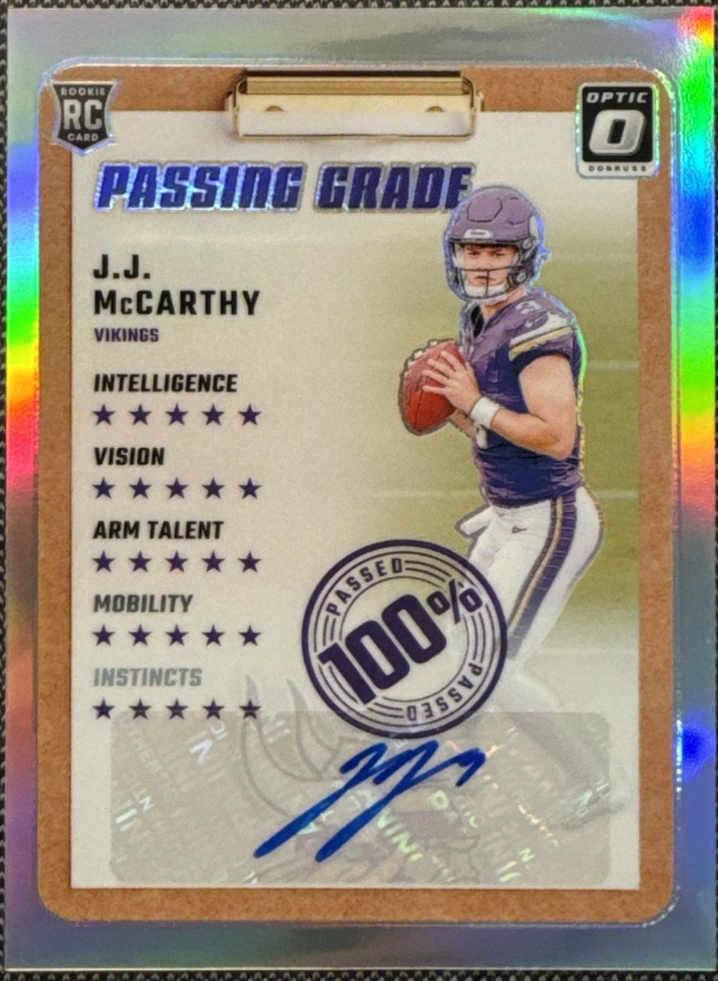 J.J. McCarthy #6 Football Cards 2024 Panini Donruss Optic Passing Grade Autograph