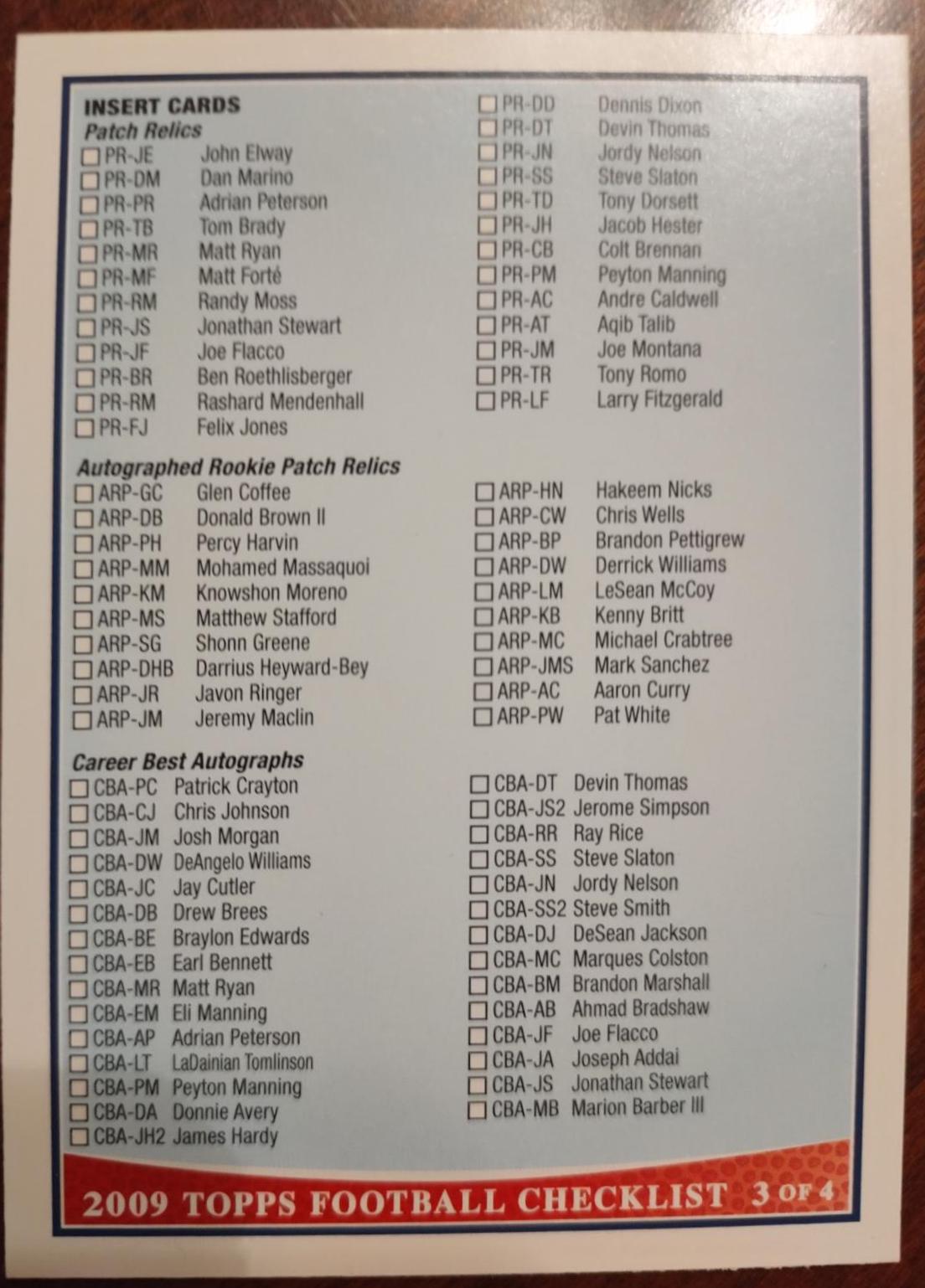 Checklist #3 Football Cards 2009 Topps