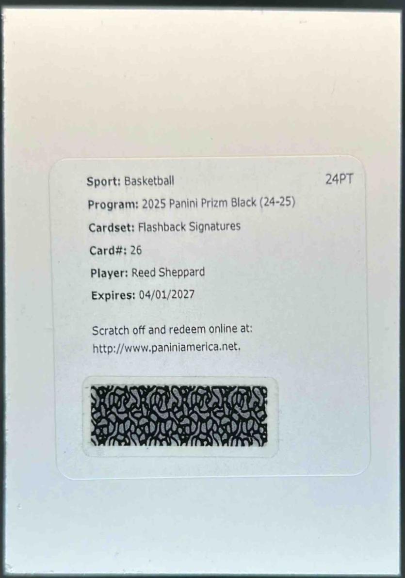 Reed Sheppard #26 2024 Panini Prizm Black Flashback Signature Basketball