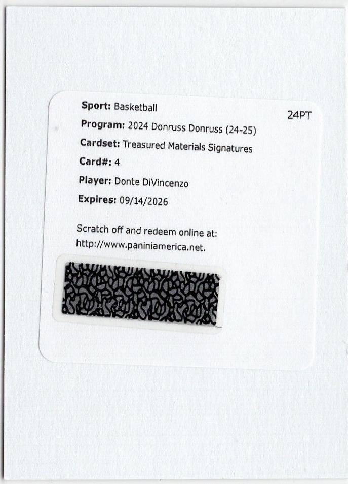 Donte DiVincenzo #TMS-DD Basketball Cards 2024 Panini Donruss Treasured Materials Signature