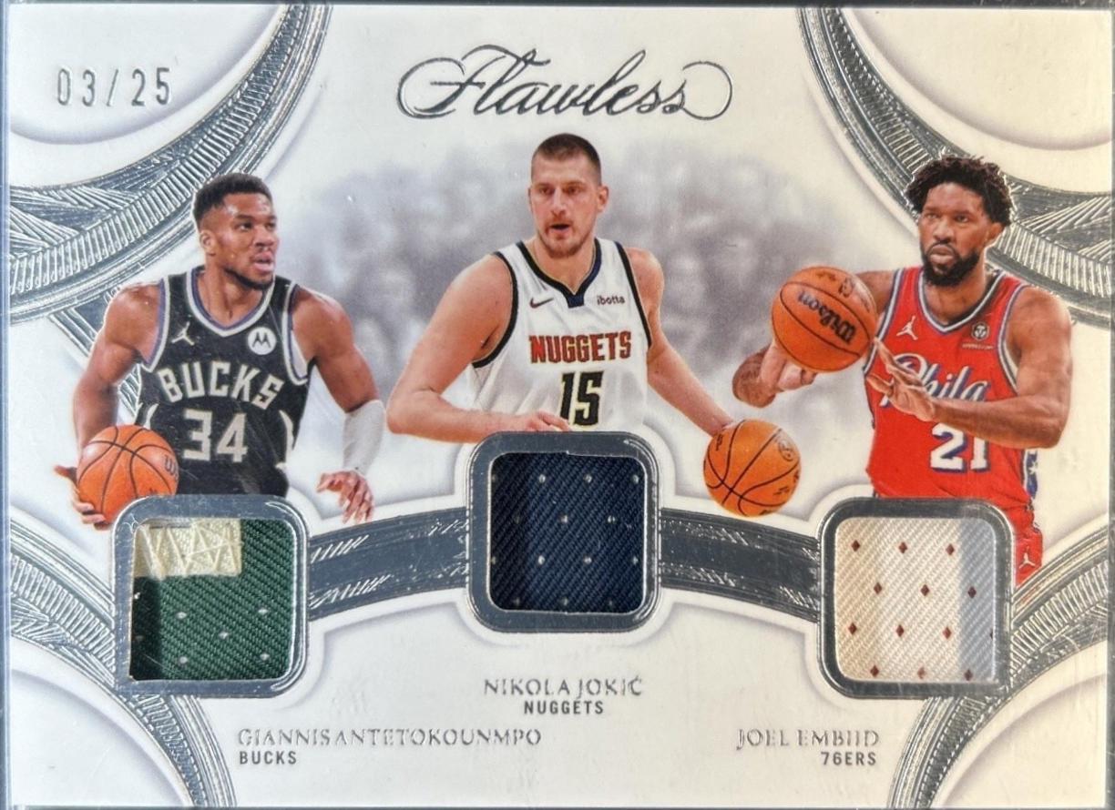 Giannis Antetokounmpo / Joel Embiid / Nikola Jokic #28 2024 Panini Flawless Triple Patch Basketball