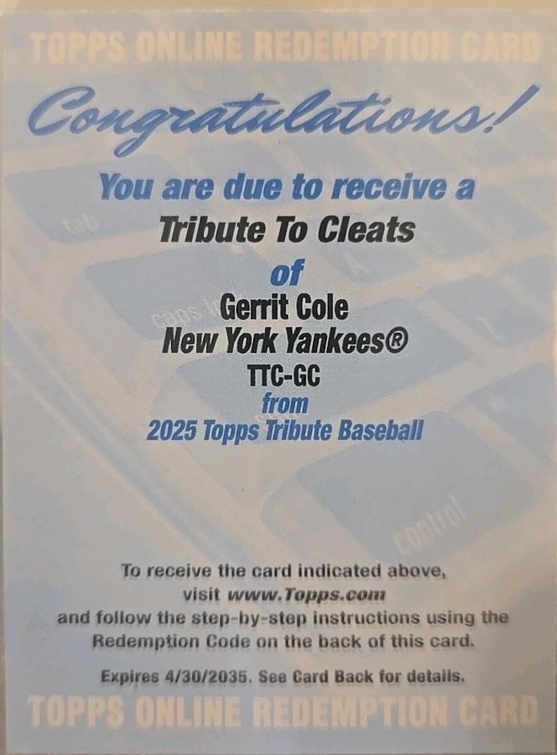 Gerrit Cole #TTC-GC Baseball Cards 2025 Topps Tribute to Cleats Autograph