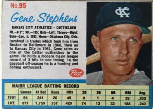 Gene Stephens #95 1962 Post Cereal Baseball