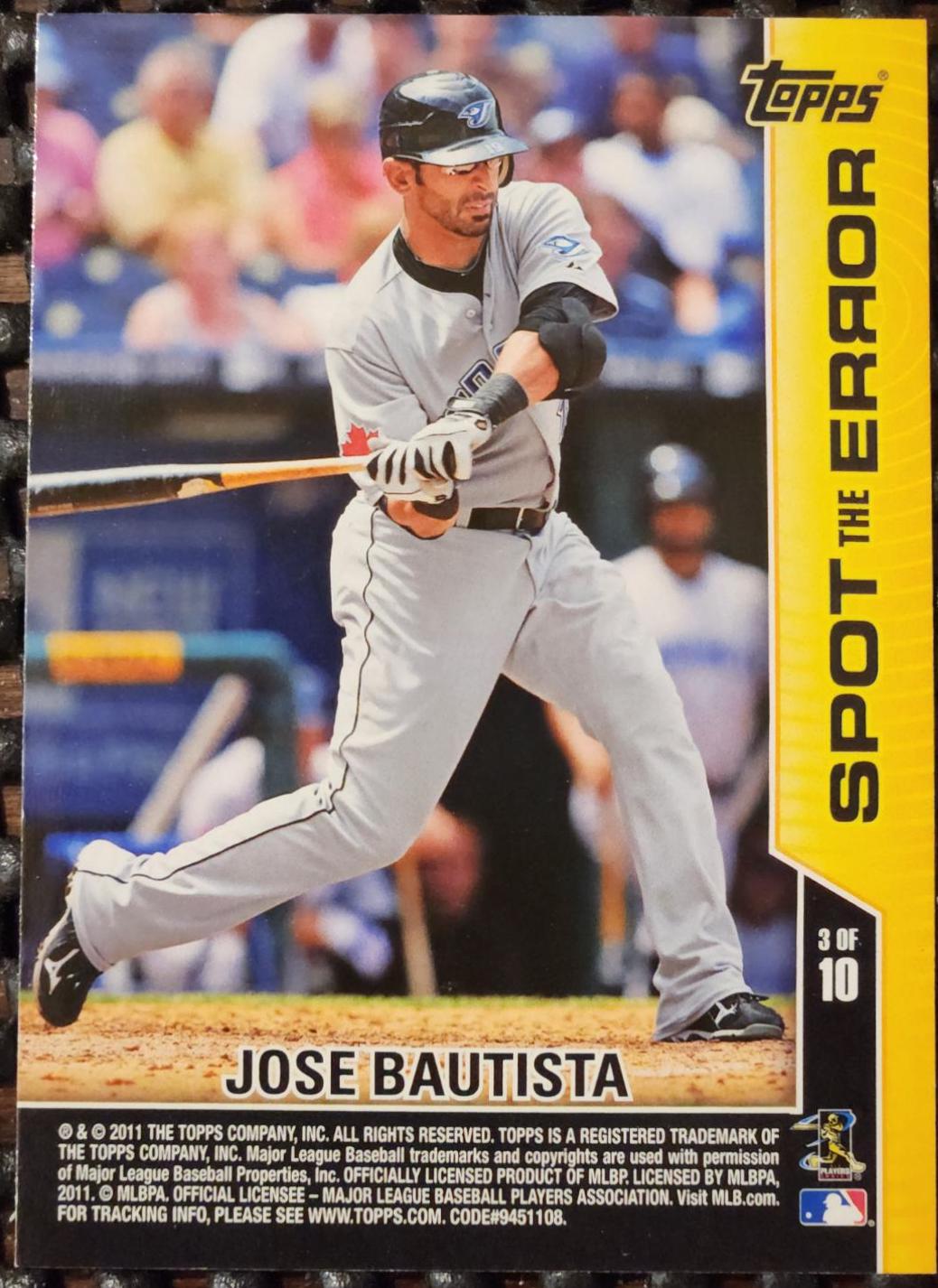 Jose Bautista #3 Baseball Cards 2011 Topps Opening Day Spot the Error