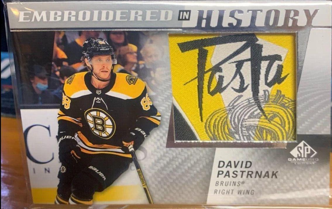 David Pastrnak #6 Hockey Cards 2021 SP Game Used Embroidered in History
