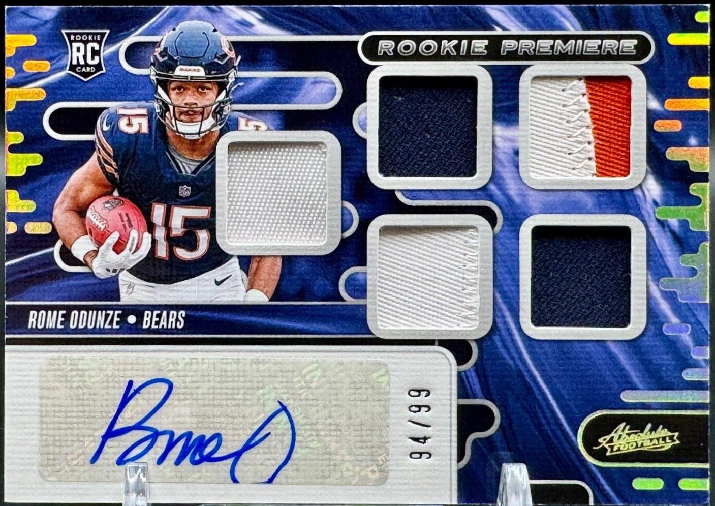 Rome Odunze #RPMA-ROE Football Cards 2024 Panini Absolute Rookie Premiere Quad Materials Auto