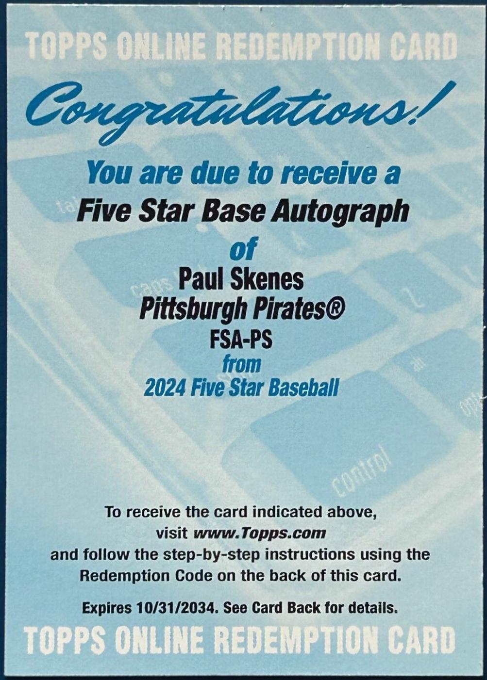 Paul Skenes #FSA-PS Baseball Cards 2024 Topps Five Star Autograph