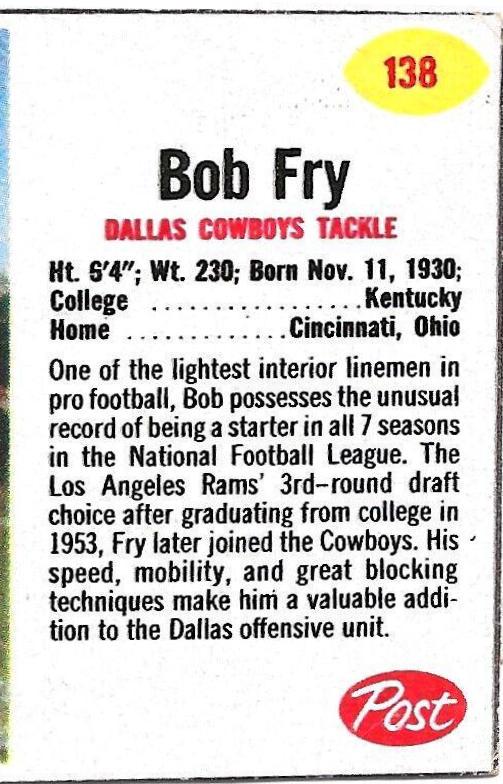 Bob Fry #138 Football Cards 1962 Post Cereal