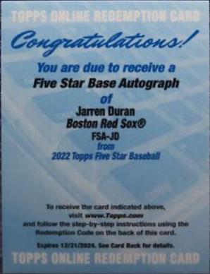 Jarren Duran #FSA-JD Baseball Cards 2022 Topps Five Star Autographs