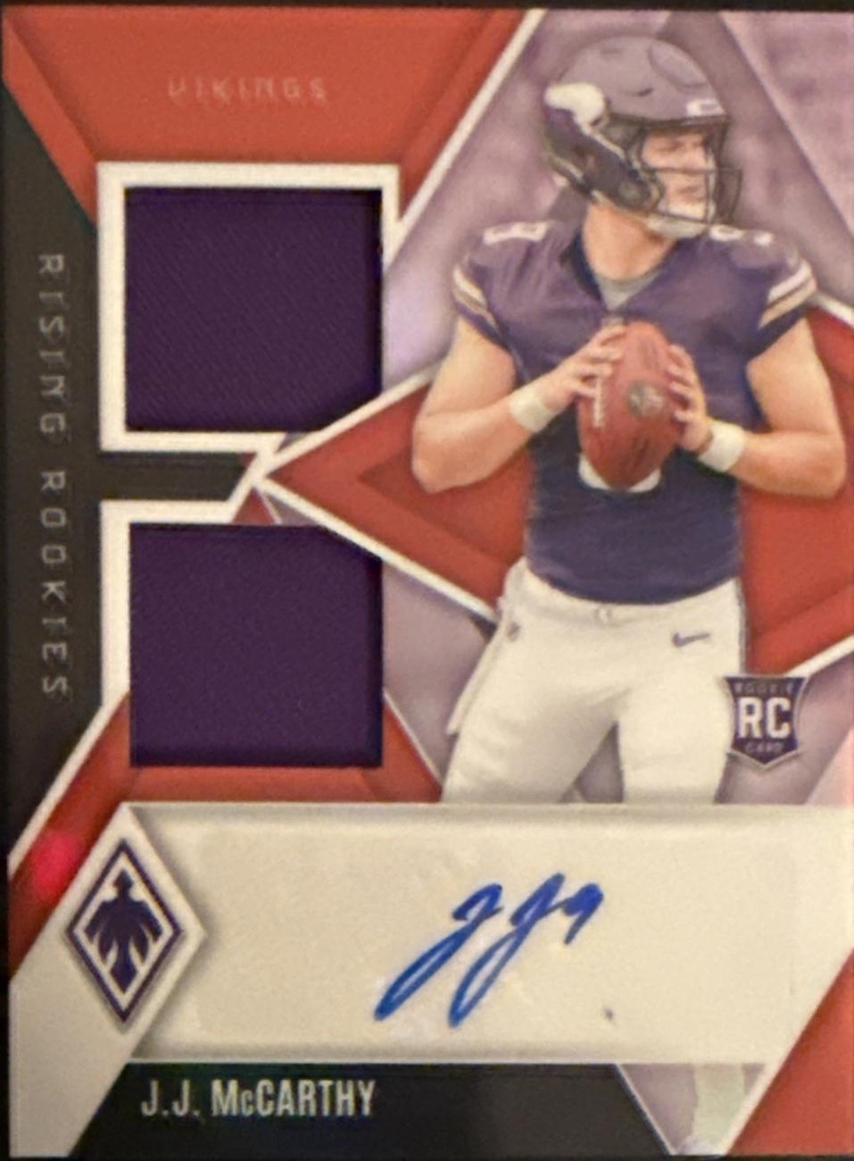 J.J. McCarthy #RRDP-JMY Football Cards 2024 Panini Phoenix Rising Rookies Dual Patch Autograph