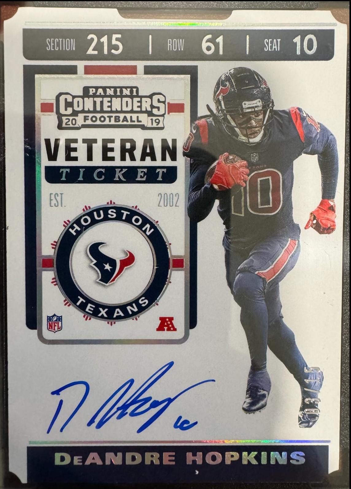 Deandre Hopkins #VT-DH Football Cards 2019 Panini Contenders Veteran Ticket Autographs