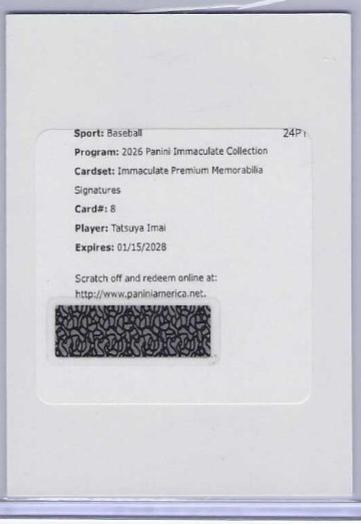 Tatsuya Imai #8 2026 Panini Immaculate Premium Memorabilia Signature Baseball